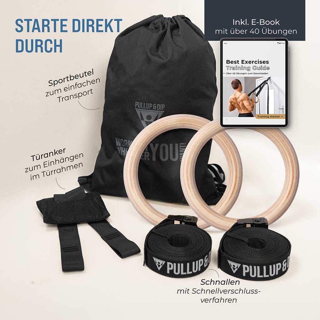 Turnringe aus Holz inkl. Beutel, Gurten und Türanker