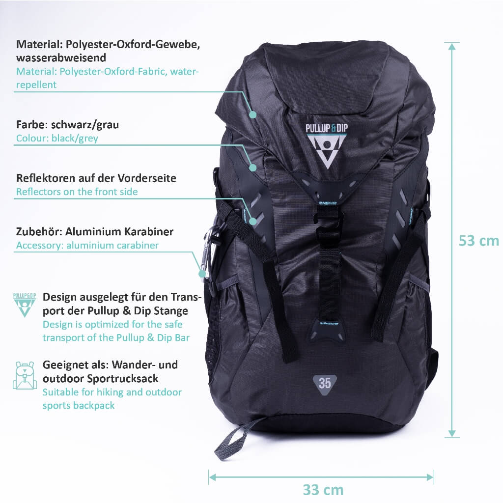 Sportrucksack 35L für Zubehör und Pullup & Dip Stange